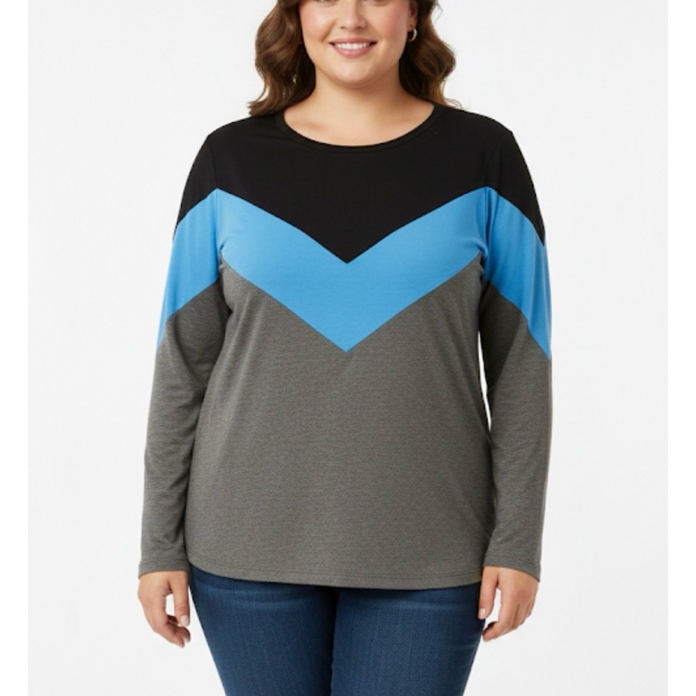 Contrast Round Neck T-Shirt , Women’s XL, Black Blue Gray